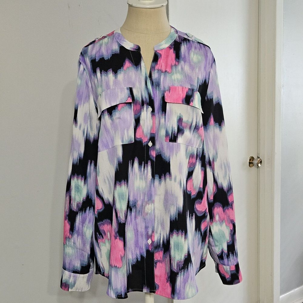 Calvin Klein Womens Multicolor Button Up‎ Shirt Blouse Sz M Long Roll Tab Sleeve